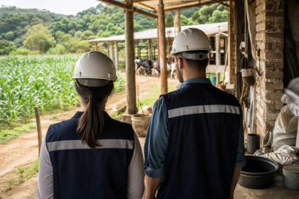 Fiscalização trabalhista em ambiente rural brasileiro, com agentes realizando inspeção sem textos, logotipos ou documentos legíveis